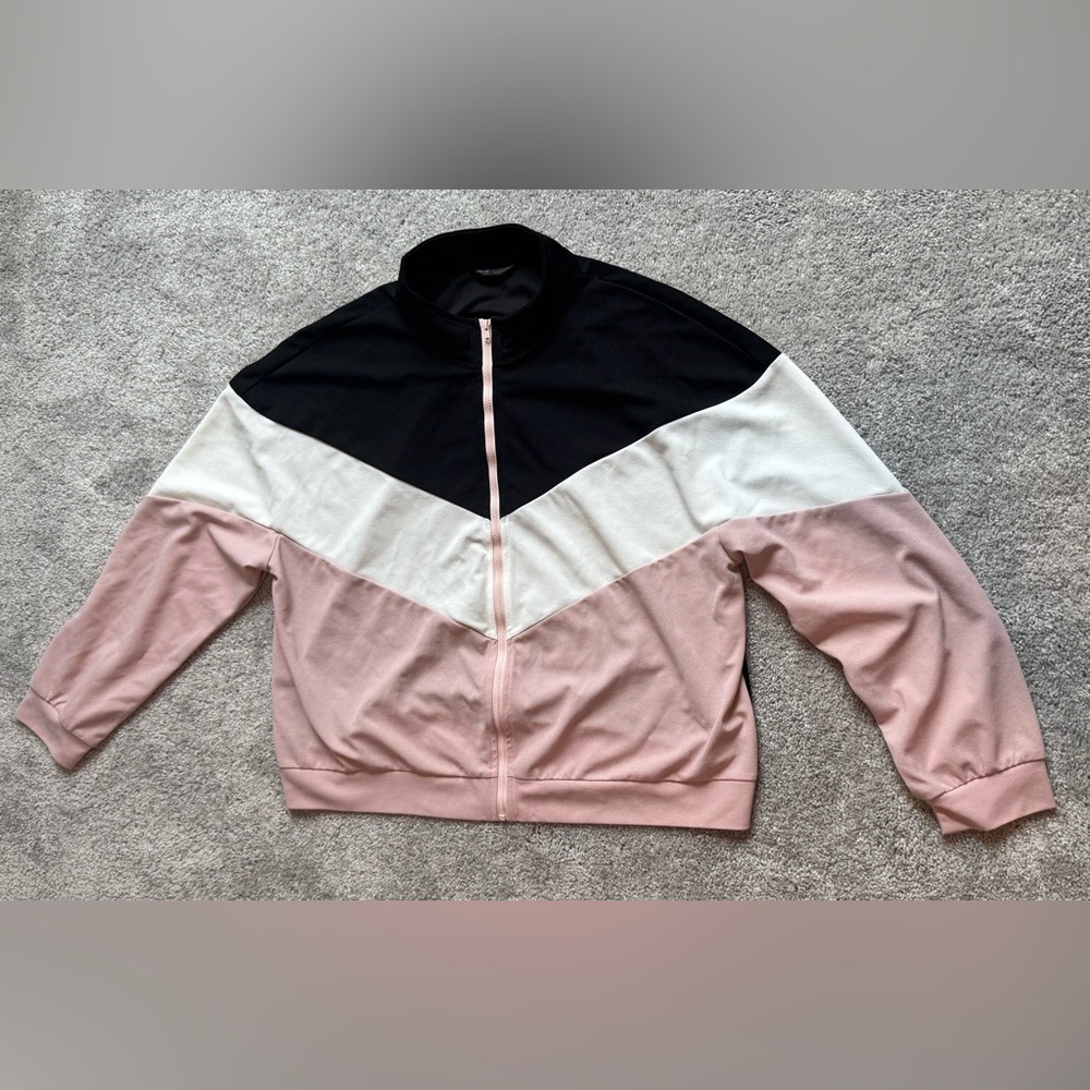 SHEIN Color Block Bomber Jacket in Black, White, and Pink